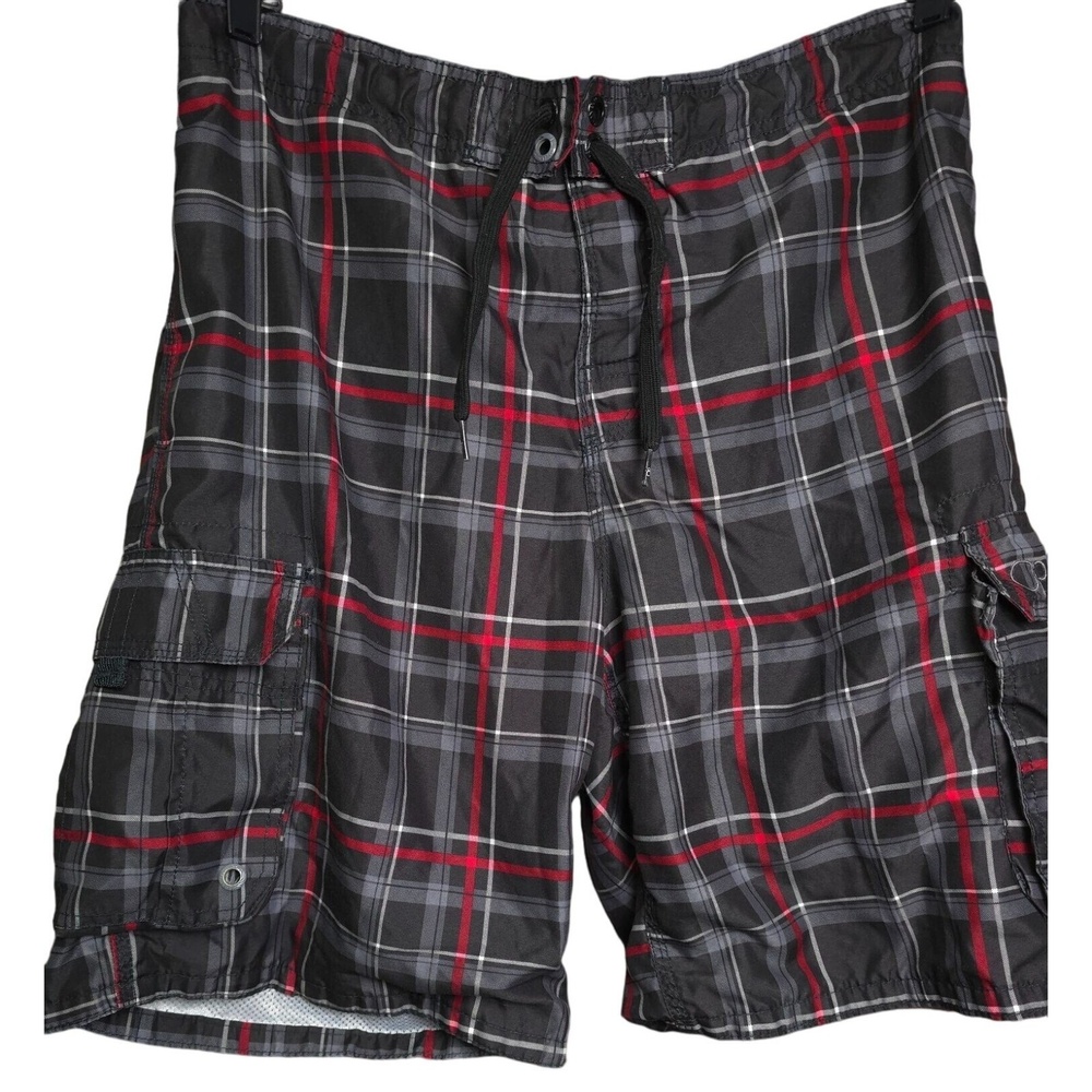 Op Ocean Pacific Men's Plaid Cargo Swim Trunks L Black/Red